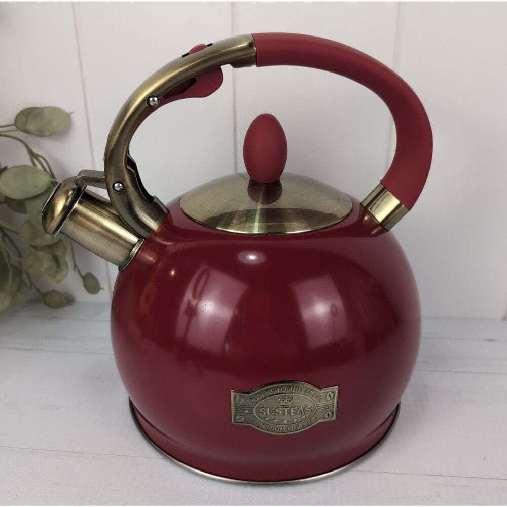 Whistling Tea Kettle Red Susteas Stovetop Teapot 3 Qt Stainless Steel